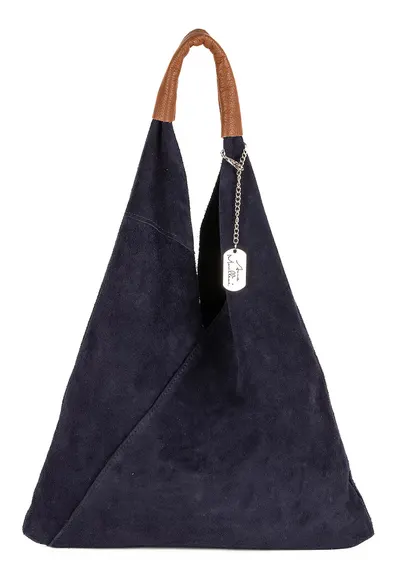 Geanta hobo din piele intoarsa cu etui interior - Maro scortisoara/Bleumarin
