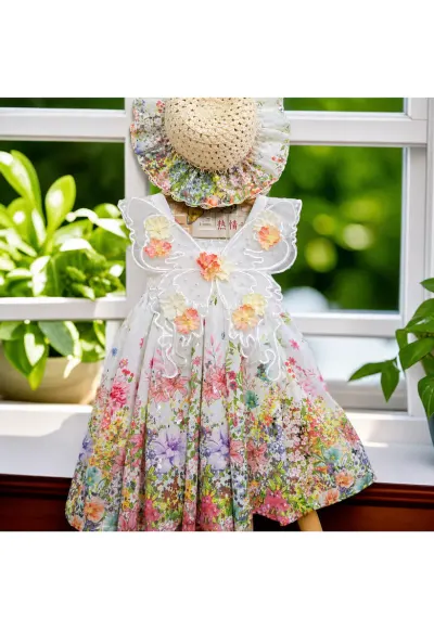 Rochiță și Pălărie Fetițe Imprimeu Floral și Fluture Alexia