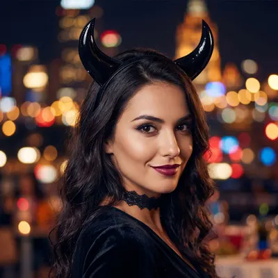 Bentiță de Halloween, cu coarne negre, lucioase, pentru ținute de vrăjitoare sau diavoliță
