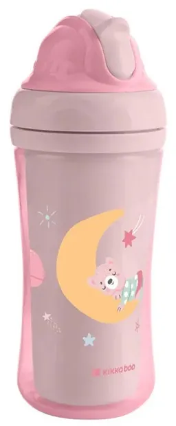 Cană cu un pai de silicon KikkaBoo - Moony me, Pink, 220 ml