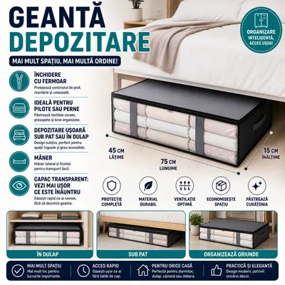 Geanta depozitare haine sub pat, Inchidere cu fermoar, Rezistent la praf si umiditate, Durabil, Respirabil, Usor de pliat si curatat, 60*45*15cm, Negru