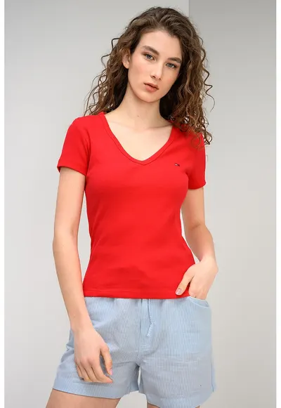 Tricou striat cu decolteu in V - Rosu vermillion