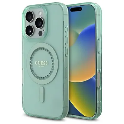 Husa MagSafe pentru Apple iPhone 16 Pro, Guess, IML Rhinestone, Verde