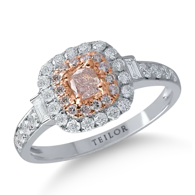 Inel din aur alb-roz cu diamante transparente baguette si rotunde de 0.6ct si diamante roz cushion si rotunde de 0.38ct