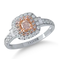 Inel din aur alb-roz cu diamante transparente baguette si rotunde de 0.6ct si diamante roz cushion si rotunde de 0.38ct
