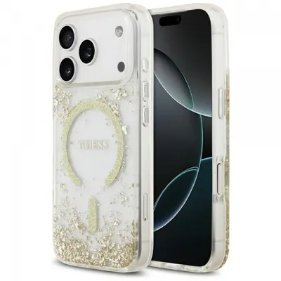 Husa MagSafe pentru Apple iPhone 17 Pro, Guess, Resin Bottom Glitter, Aurie