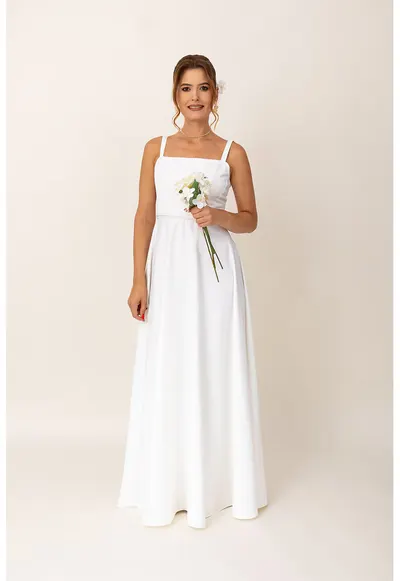 Rochie maxi evazata cu decolteu patrat - Alb