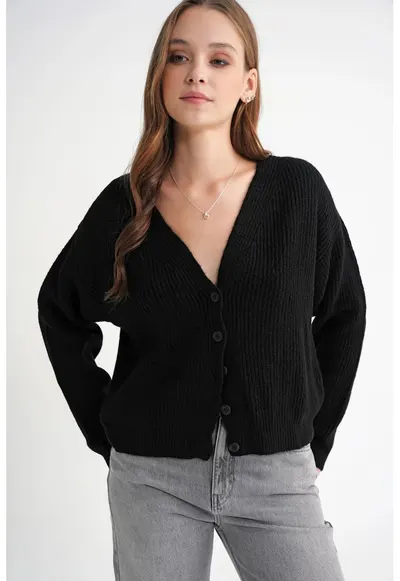 Cardigan dama - decolteu in V - negru - tricot