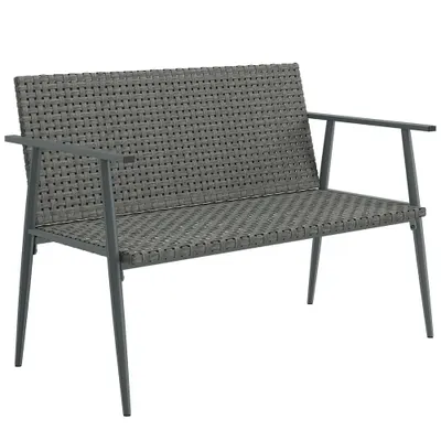 Outsunny Bancă de grădină 2 locuri din rășină împletită și oțel, cu cotiere, spătare și picioare reglabile, 110x58x78cm, gri | Aosom Romania