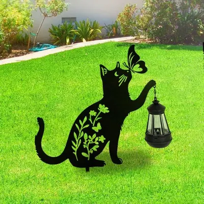 Lampa solara de gradina, decoratiune metalica, Pisica