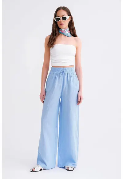 Pantaloni dama - textil - talie inalta - Albastru