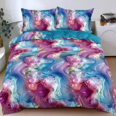 Lenjerie Pat Dublu Cu Elastic Bumbac Satinat - 3 Bucati 219 Lei - Albastru Mov Abstract