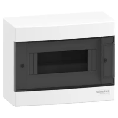 Easy9EU, Cofret cu montaj aparent, 1x8 Module, usa fumurie, cu 2 blocuri terminale