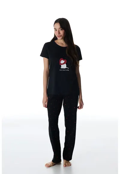 Pijama din bumbac cu imprimeu - Negru