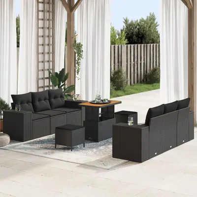 Set canapea gradina Gossi cu 9 piese, poliratan negru, acacia, set dining gradina Gossi cu 3 piese, poliratan negru, acacia