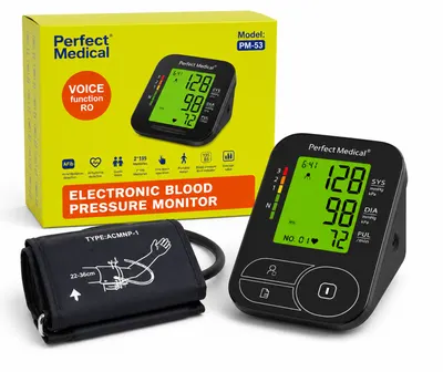 Tensiometru de brat Perfect Medical PM-53 cu senzori de inalta precizie, manseta 22-36 cm, functie vocala in limba romana, ecran iluminat, detectare aritmie si AFib, memorie 2 x 199