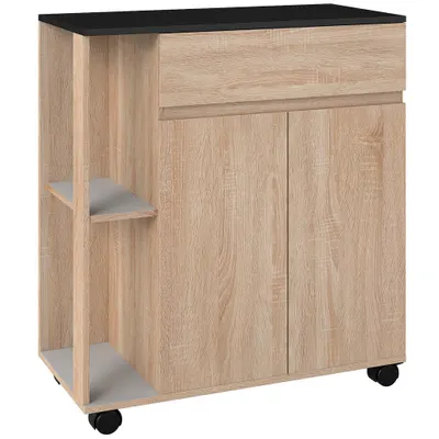 HOMCOM Dulapior de Bucătărie cu Sertare și Roți, Mobilier din Lemn, 78x39.5x88.5 cm, Stejar & Negru | Aosom Romania