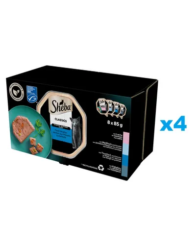 SHEBA Classics hrana pisici 32x85 g pate cu somon, peste alb si morcovi, ton si legume, cod