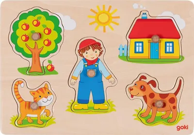 Puzzle din lemn cu mânere Goki - Animale, 5 piese