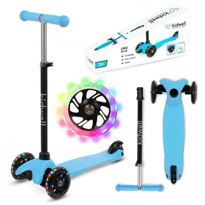 Trotineta Kidwell UNO blue, 3 roti cu lumini LED, ghidon reglabil din aluminiu, greutate maxima 25 kg, varsta 3 ani+