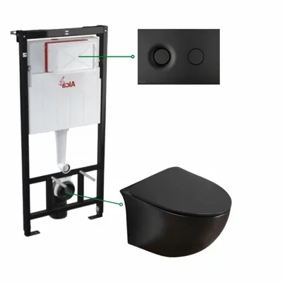 Set vas wc suspendat, rimless negru mat, Foglia Alice si rezervor incastrat cu clapeta de actionare negru mat, Alcadrain