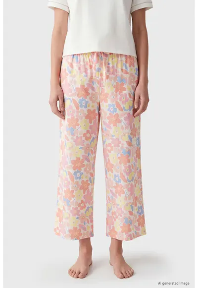 Pantaloni de pijama din bumbac cu model floral - Galben pastel/Nude rose