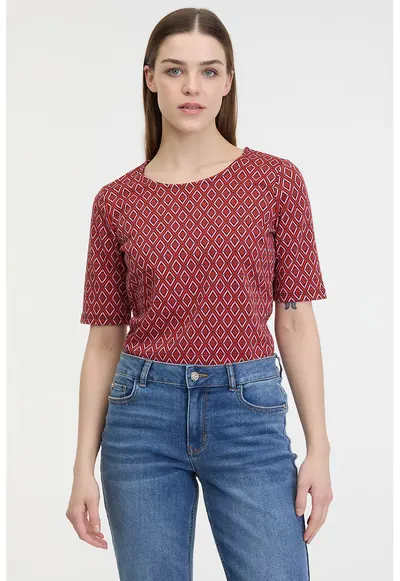 Bluza cu model si decolteu rotund - Roz deschis/Caramiziu