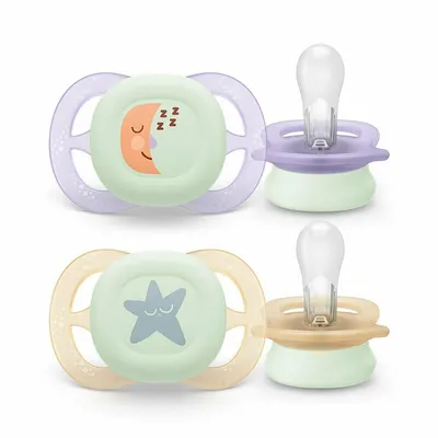 Set 2 suzete bebelusi, Philips Avent, Ultra Start, Ortodontice, Silicon moale, Usoare, Fara inel si fara BPA, Fosforescente, Fara BPA, 0-2 luni, Cu model, Verde/Mov