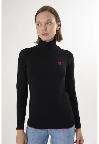 Pulover slim fit cu guler inalt - Negru