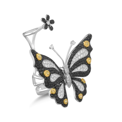 Inel cu fluture si floare din aur alb cu pietre pretioase de 3.53ct