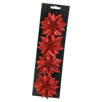 Set 4 ornament brad cu clama Floare 8 cm din plastic Alb/Rosu