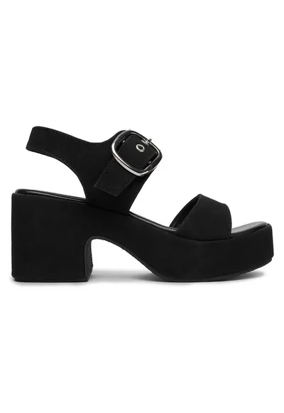 Sandale dama negru - material textil - toc stabil cu platforma - inchidere cu catarama