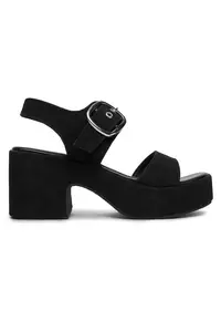 Sandale dama negru - material textil - toc stabil cu platforma - inchidere cu catarama