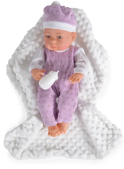 Papusa bebe Moni - Cu body mov si paturica alba, 41 cm