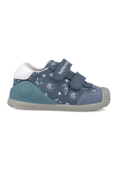 Pantofi sport cu imprimeu si segment dublu cu inchidere velcro - Alb/Albastru prafuit