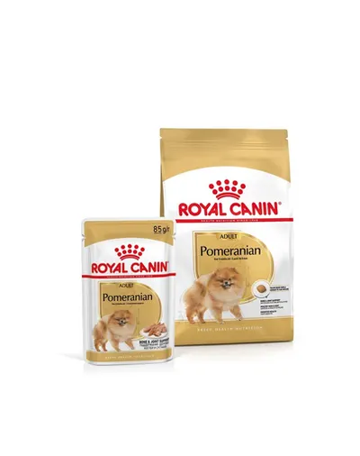 ROYAL CANIN Pomeranian Adult 1.5 kg hrană uscată pentru câini mini spitz adulți + hrană umedă 12x85g