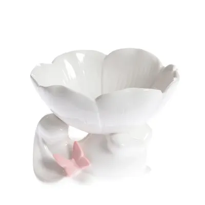 Bol decorativ din ceramica in forma de floare cu iepuras 13 cm