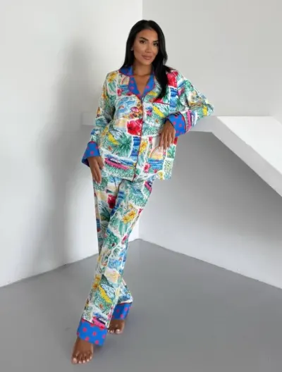 Set pijama dama din doua piese, cu nasturi – 2500263, Exotic Vibes