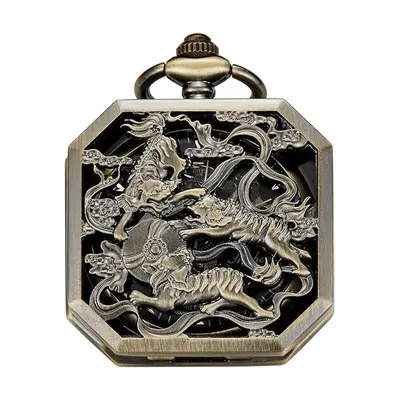 Ceas de buzunar Gorben PM031 Bronz - Mecanic, Afișaj cu Cifre Romane, Capac cu Tigrii, Cu Lant Vintage Retro
