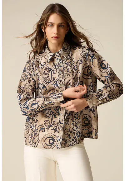 Camasa din satin cu model - Bej/Bleumarin