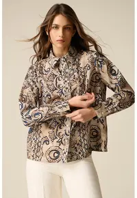 Camasa din satin cu model - Bej/Bleumarin