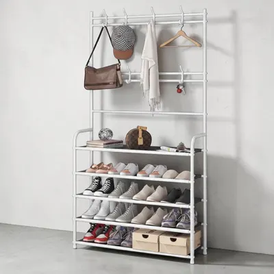 Engross: Cuier Multifuncțional Slim 170x60 cm, Alb – Suport Haine cu 5 Rafturi Pantofi și Cârlige Accesorii