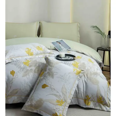 Lenjerie pat dublu, FINET DeLuxe, 6 piese, cu ELASTIC, Jojo Home, Cutie Eleganta, Alb, Vernil, Flori
