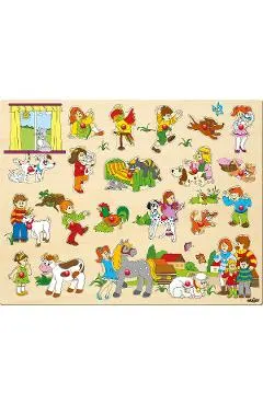 Puzzle din lemn cu butoni: Copii si animale