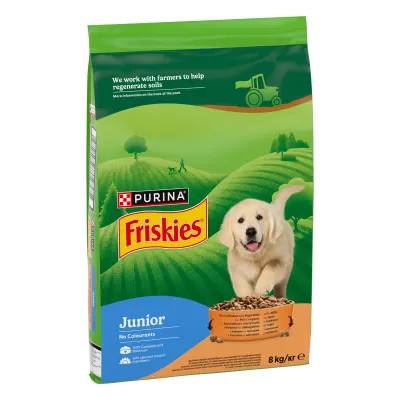 FRISKIES Dog, Caine Junior, Pui, Legume si Lapte, 8 kg