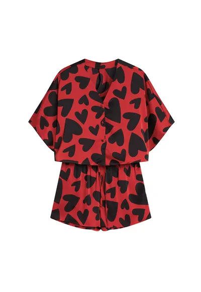 Pijama dama Jenya - rosie - satin - imprimeu inimioare - set cu pantaloni scurti