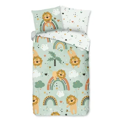 Lenjerie de pat pentru copii verde din bumbac pentru pat de o persoană, extinsă 140x220 cm Lions – Good Morning