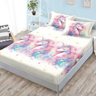 (OFERTA 3 la 159 Lei) Cearsaf cu elastic, FINET, 180x200cm, 2 fete de perne 50x70cm, Roz, Unicorni