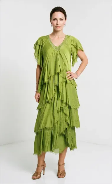 Rochie lunga din matase cu volane suprapuse asimetrice si paiete fine la decolteu, verde olive