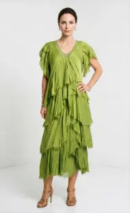 Rochie lunga din matase cu volane suprapuse asimetrice si paiete fine la decolteu, verde olive